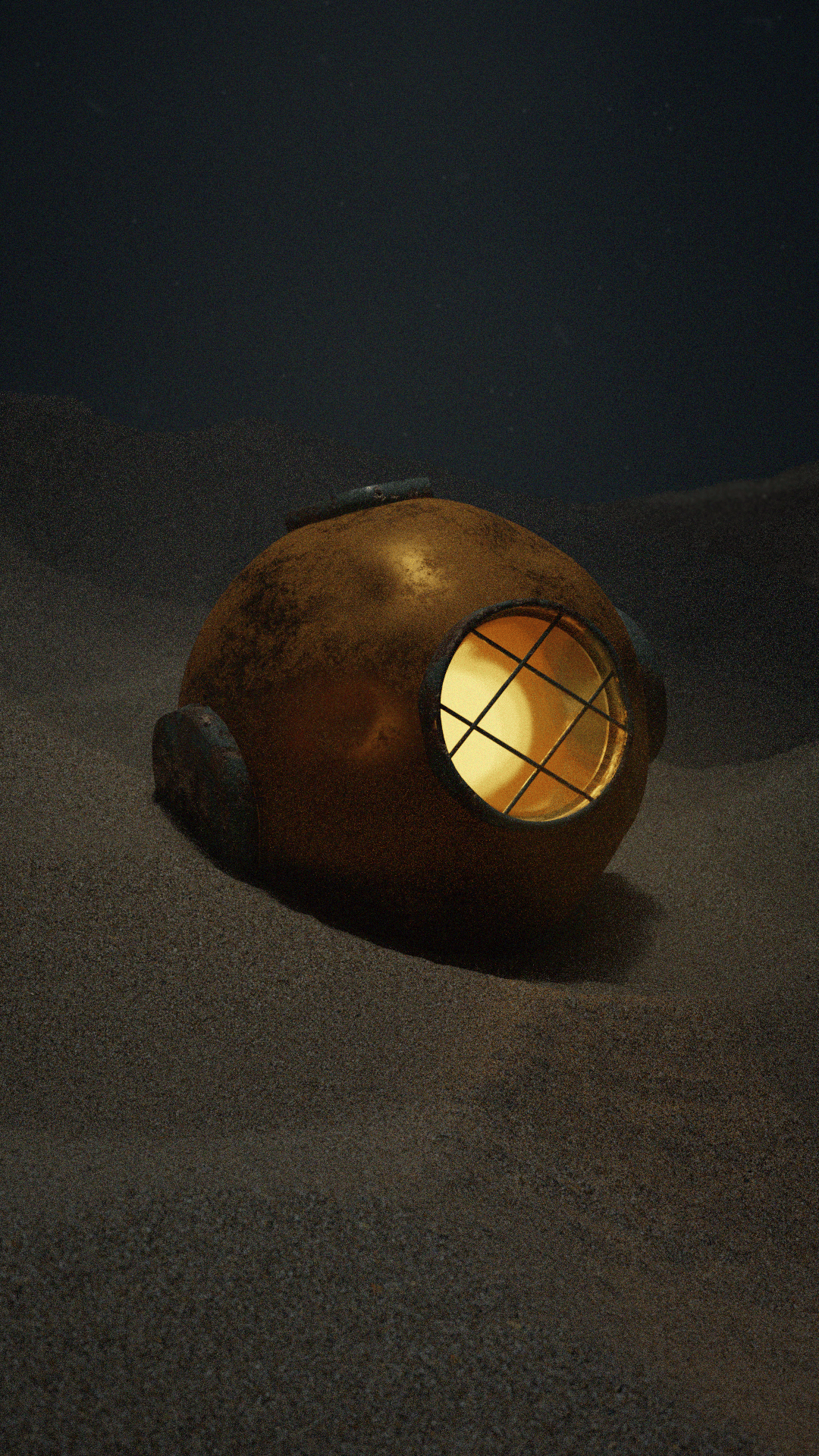 3D rendering of a dive helmet on the ocean floor.