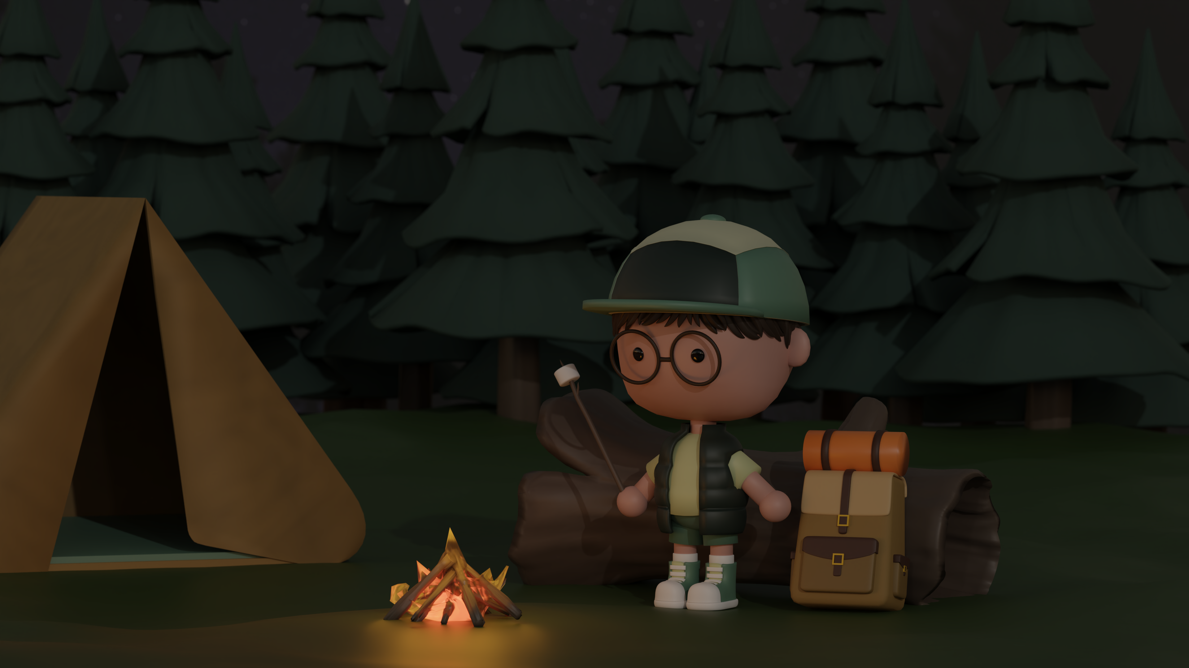 3D rendering of a little boy camping by the fire.