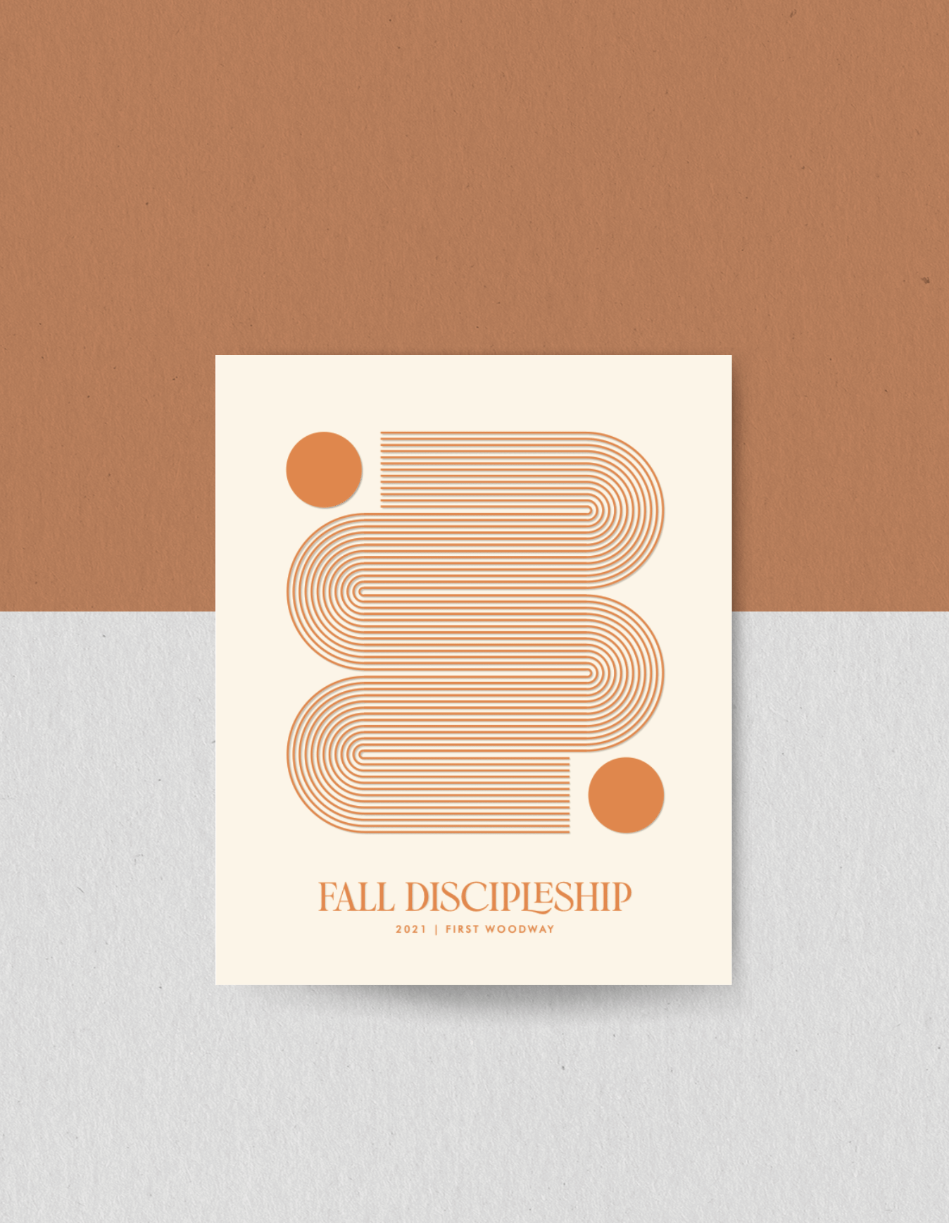 A flyer on a cream background with orange accent colors. The title at the bottom reads, Fall Discipleship 2021 at First Woodway. 