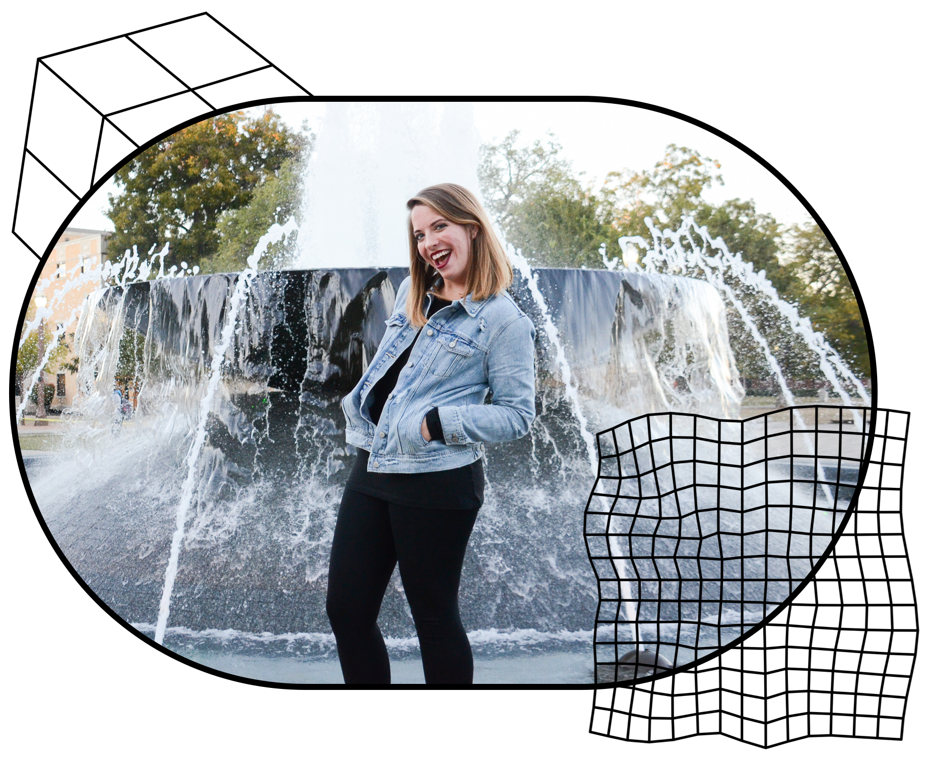 Photo of creator, McKenna, with wireframe cube and grid surrounding the image.