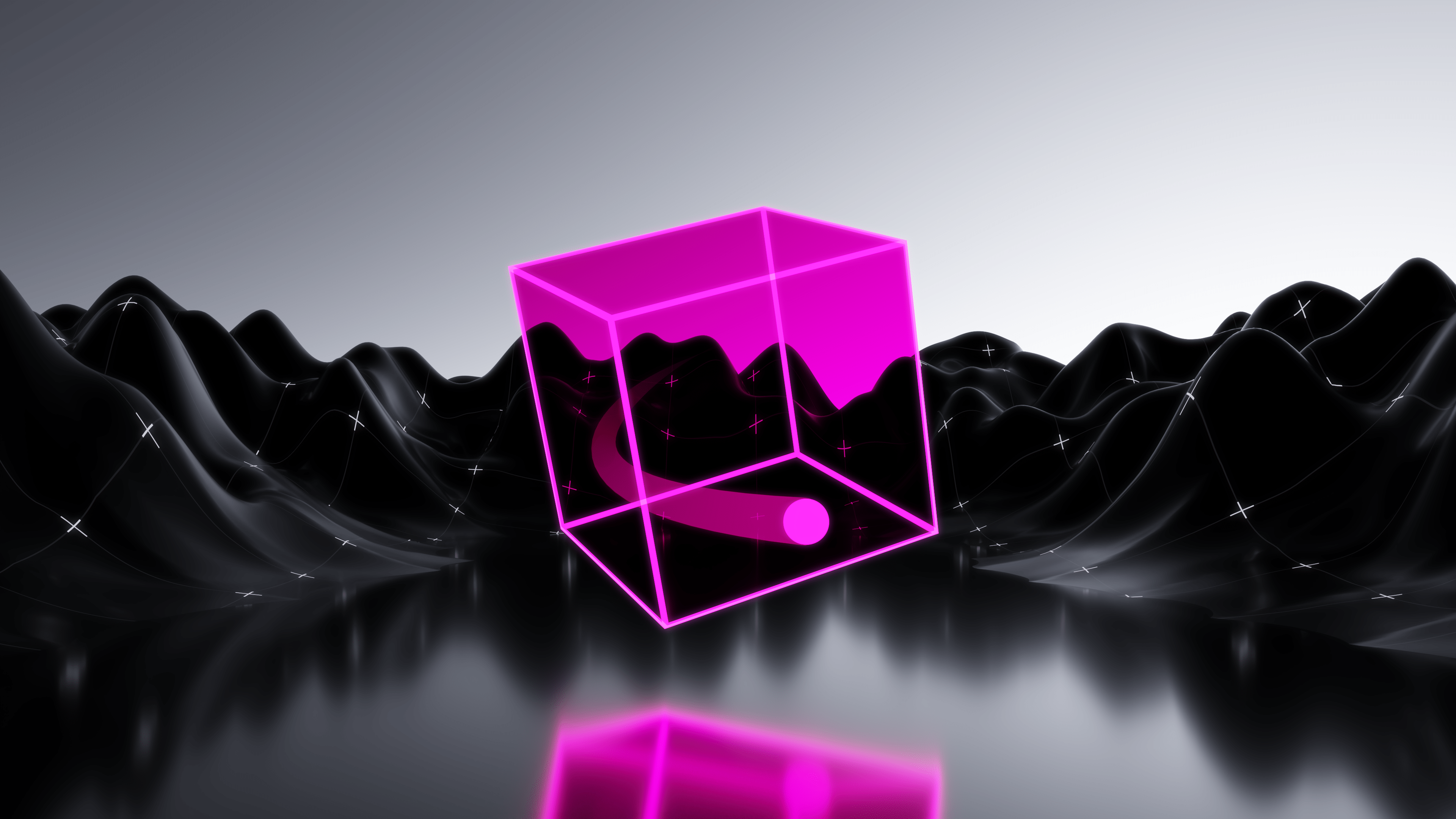 A transparent magenta cube sits at an angle in an environment that looks like mountains containing water in the valley. Inside the cube is a sphere that gives the appearance of movement.