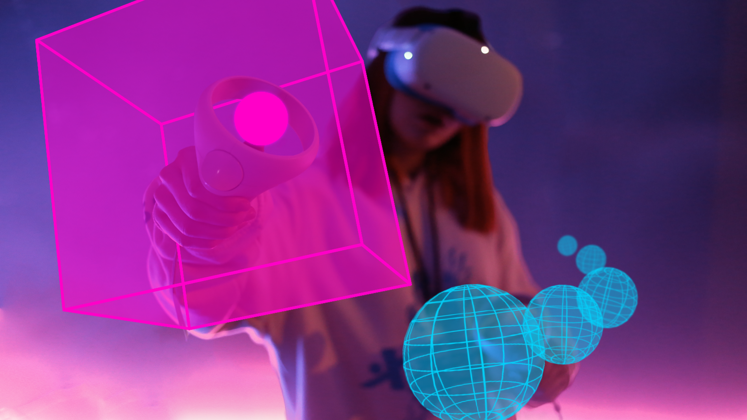 A woman wearing a VR headset holds a controller inside of a magenta cube. Five blue spheres surround her and fade off into the distance with a purple and pink gradient background.