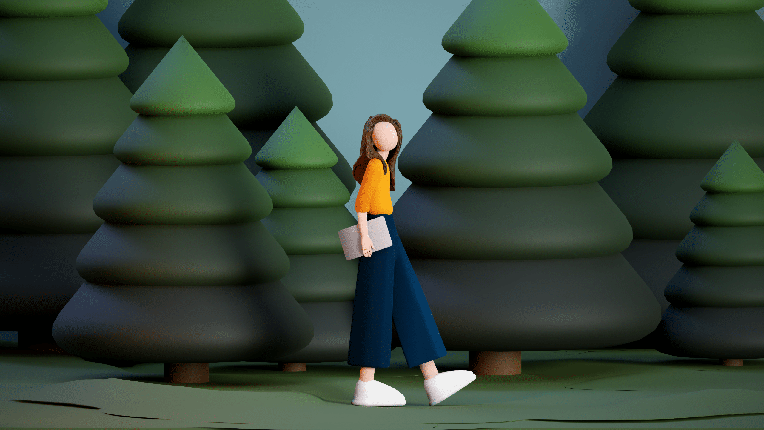 A 3d illustration of a girl holding a laptop stolling through a forest. It resembles a clay texture and has colors of green for the trees and ground, and for the girl - a yellow shirt, blue pants, white shoes, and brown hair.