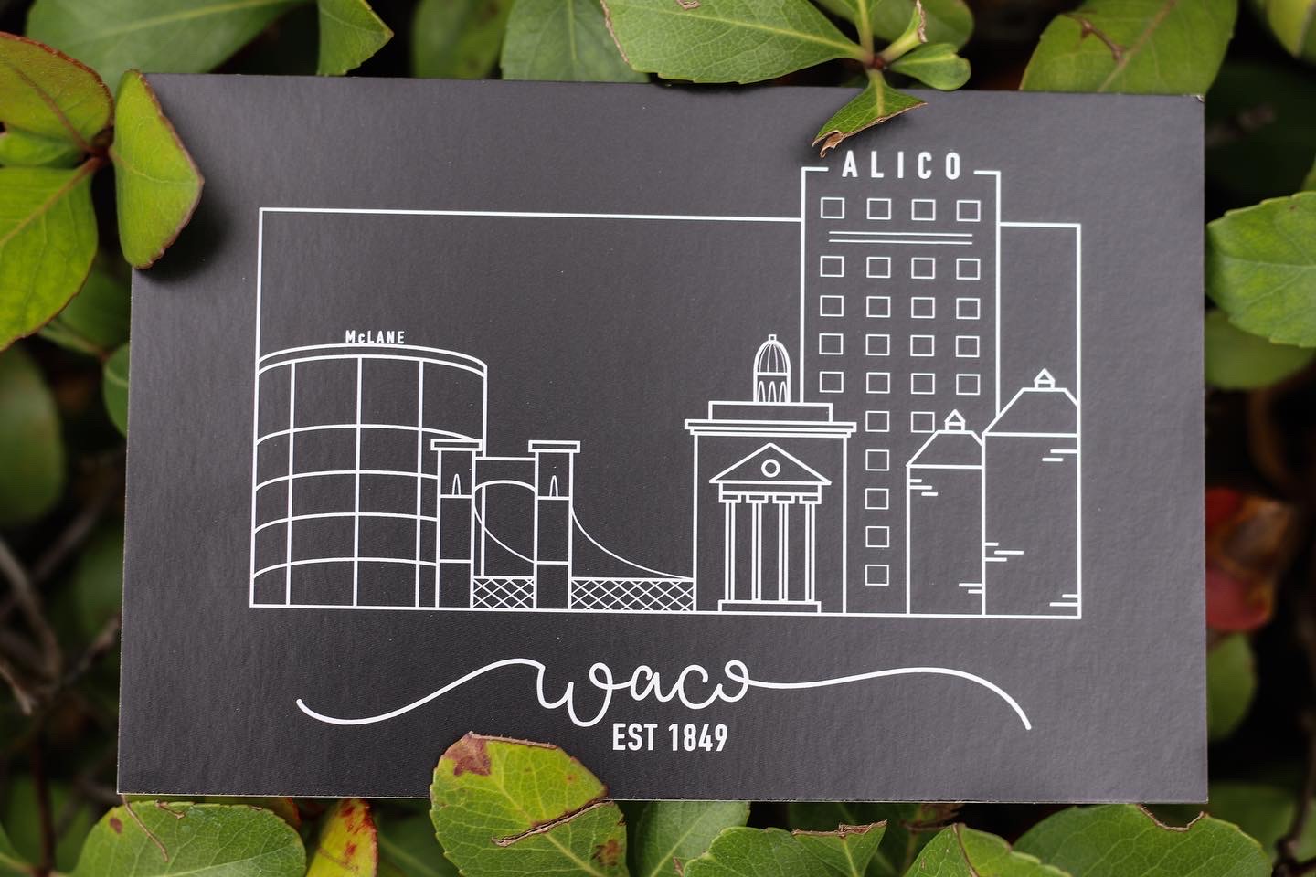 This print represents a skyline of Waco, Texas in a line art design. The buildings include McLane Stadium, the Suspension Bridge, Pat Neff Building, the Alico Building, and the Magnolia Silos.